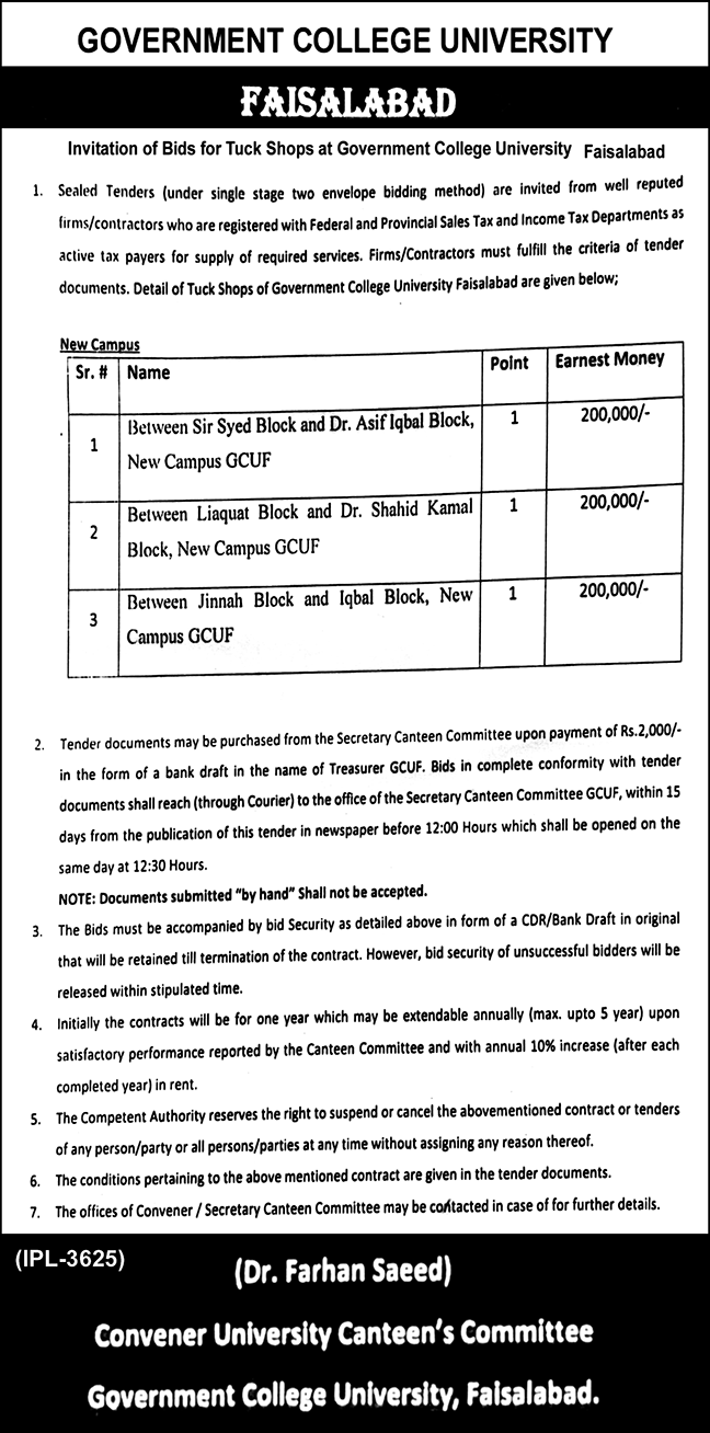 Govt College University Faisalabad Tender Notice